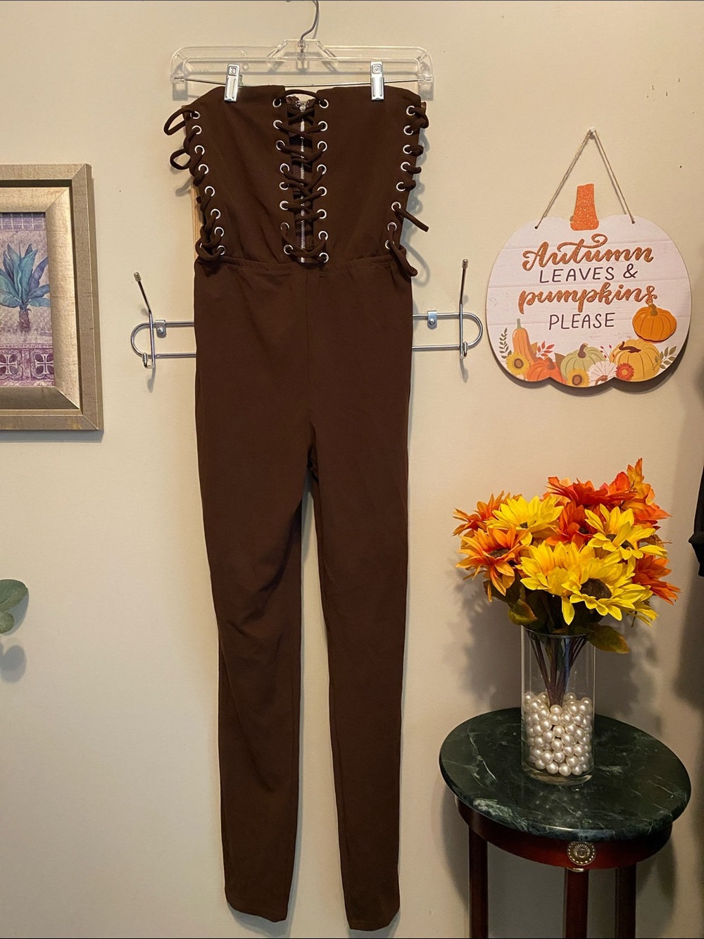 NWT Fashion Nova Brown Strapless Lace-Up Romper Jumpsuit Size L.